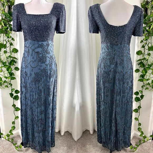 Sean Collection 100% Silk Steel Blue-Gray Beaded Embellished Evening Gown - Med - Picture 1 of 11